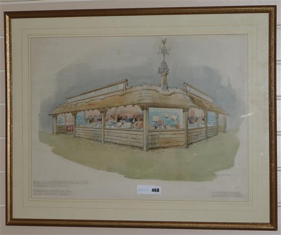 Stuart Milner - Architects watercolour - Wilkinson (Norwich) ltd, Proposed stand for the Royal Norfolk show (1960s) 47 x 63cm.